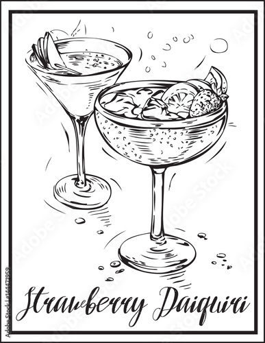 Vector image of alcohol drink with two glasses.Strawberry daiquiri