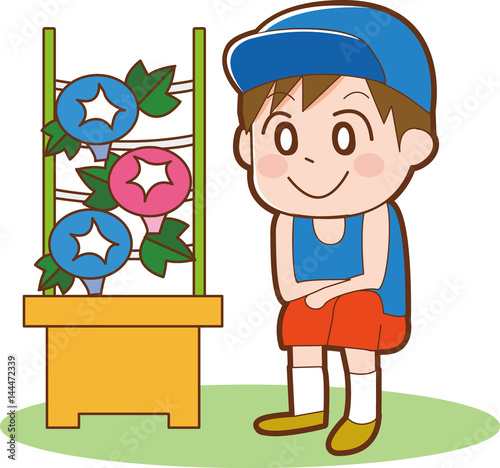 朝顔を観察する少年のイラスト