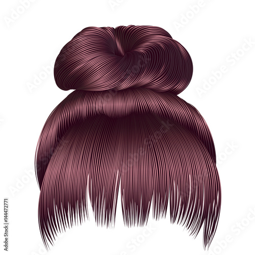 bun  hairs with fringe сopper pink colors . women fashion beauty style .