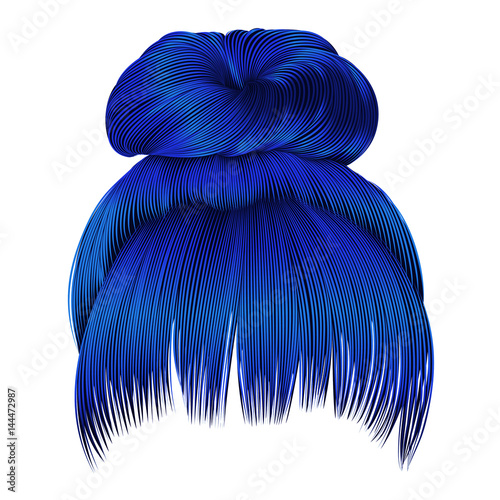 bun  hairs with fringe dark blue colors . women fashion beauty style .
