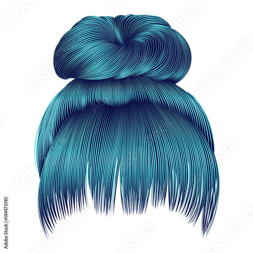 bun  hairs with fringe  blue colors . women fashion beauty style .