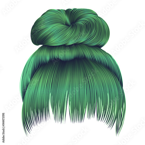 bun  hairs with fringe green colors . women fashion beauty style .