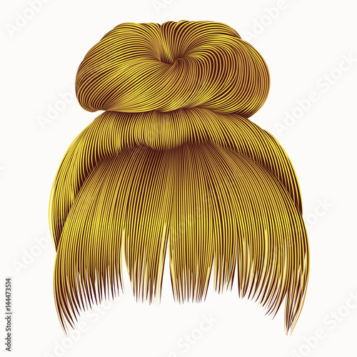 bun  hairs with fringe bright yellow colors . women fashion beauty style .