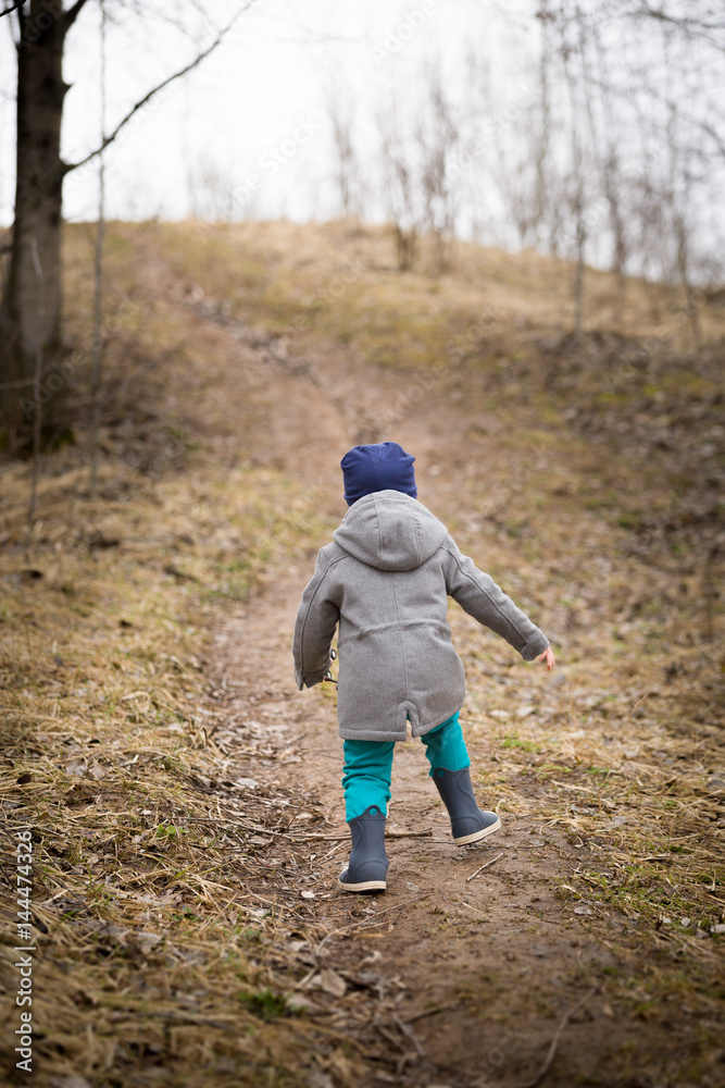 Back view on running little toddler. Child walking up the hill in the park on a spring or autumn day. Countryside lifestyle.