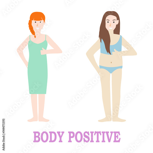 Body positive phrase. Girl with natural beautiful on white background.  Body positive concept with flat design photo