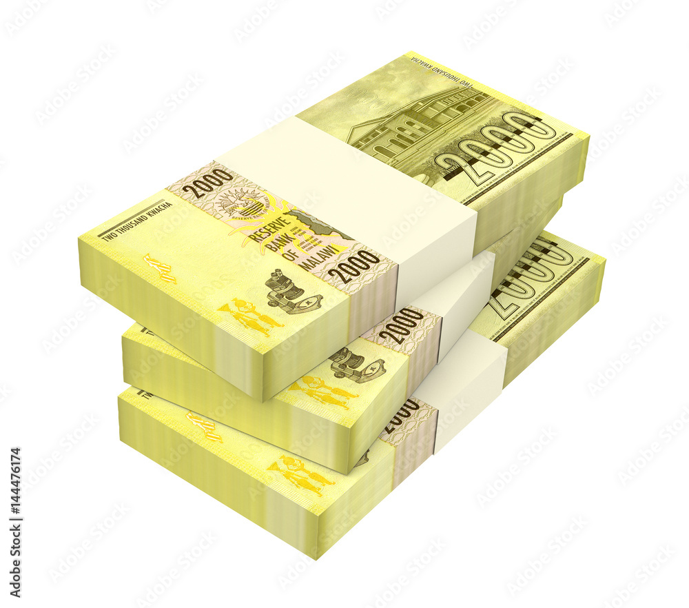 Malawi kwacha bills isolated on white background. 3D illustration.