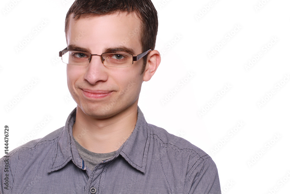 young man with glasses on white