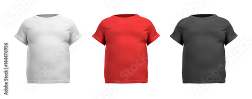 3d rendering of three male T-shirts in realistic fat torso front view in white, red and black colors.