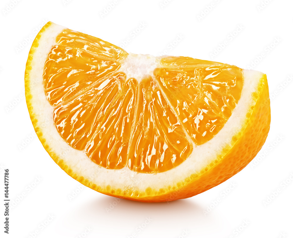 Ripe slice of orange citrus fruit isolated on white background with clipping path - obrazy, fototapety, plakaty 