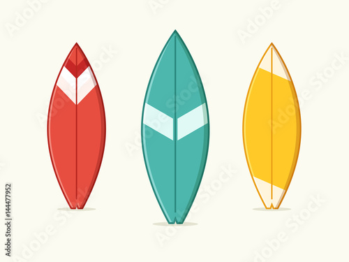 Set of Blue, Yellow and Red Surfboard. Flat Design Style.