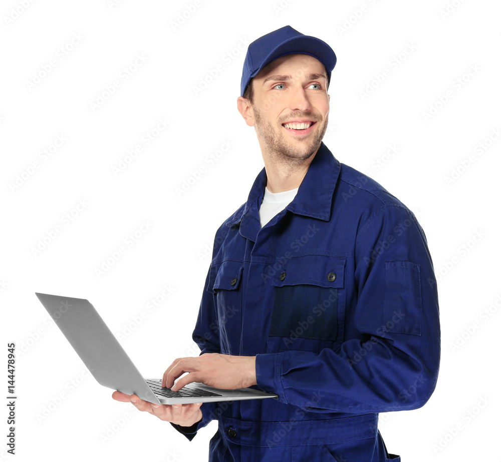 Handsome auto mechanic with laptop on white background Handsome auto mechanic with laptop on white background