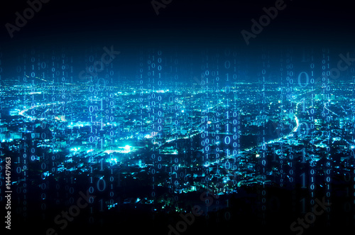 abstract digital signature over night city background