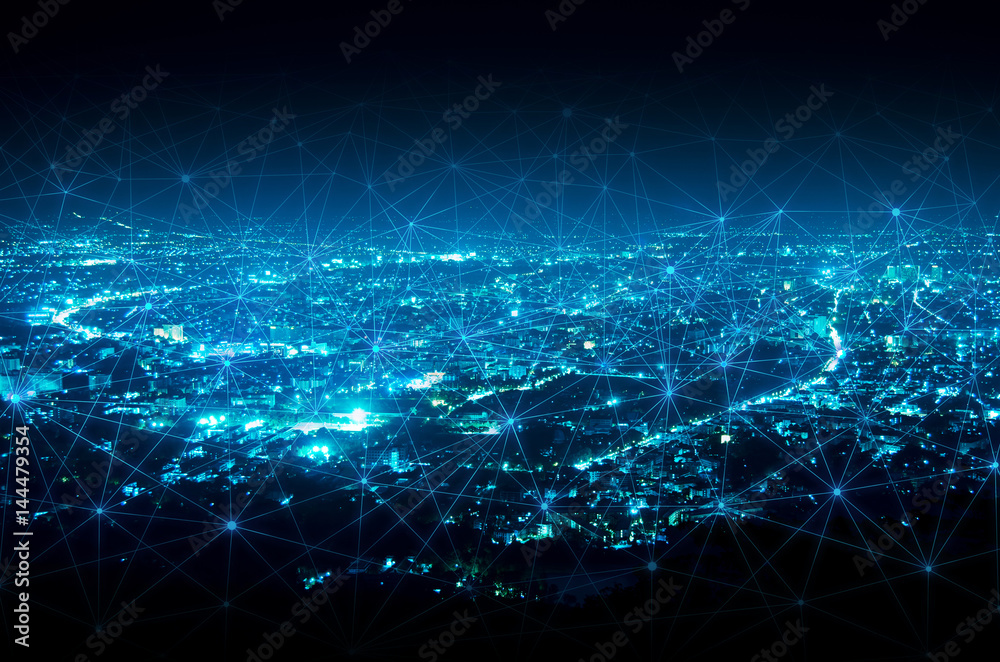 abstract line connection on night city background - obrazy, fototapety, plakaty 