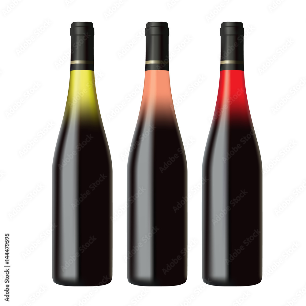 Set of white, rose and red wine bottles isolated on white background, realistic vector illustration Set of white, rose and red wine bottles isolated on white background, realistic vector illustration