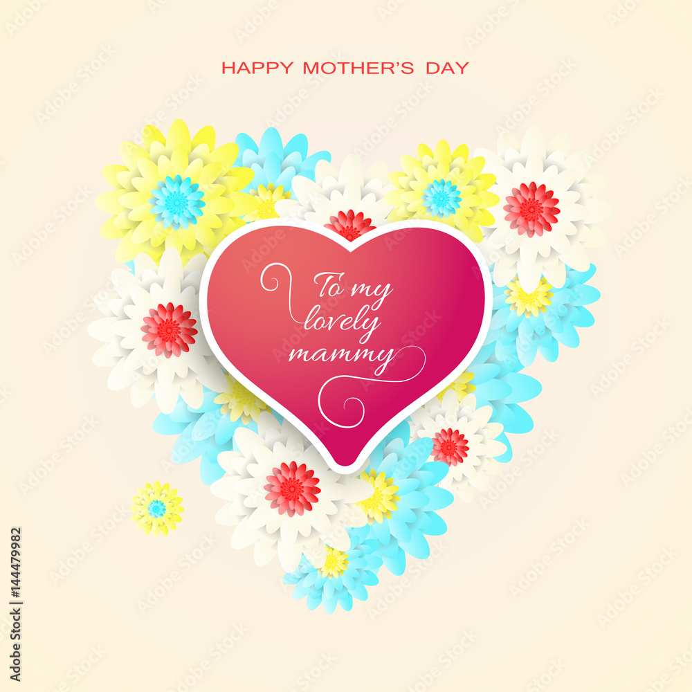 Happy Mother's Day vector greeting card with flowers, pink heart with outline, shadow and text on the light yellow background. Happy Mother's Day vector greeting card with flowers, pink heart with outline, shadow and text on the light yellow background.