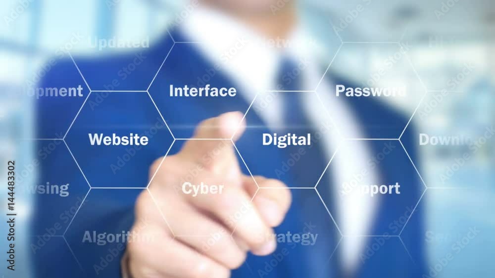 PHP, Man Working on Holographic Interface, Visual Screen PHP, Man Working on Holographic Interface, Visual Screen
