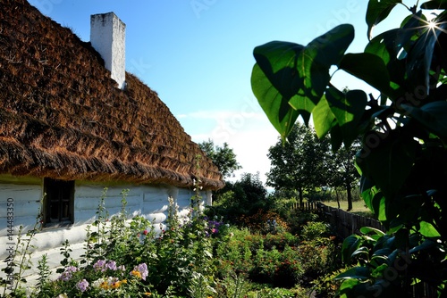 flowers on the old wooden hut covered with thatch village