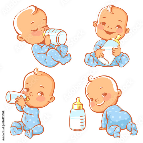 Set with cute little baby with bottle of milk. Newborn baby boy in blue pajamas drink. Baby nutrition. Feed newborn with formula or mother's milk. Happy child smile, crawl, sit. Vector illustration.