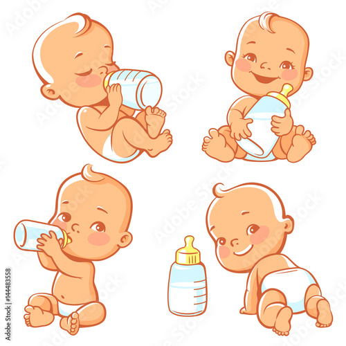 Set with cute little baby with bottle of milk. Baby boy or girl in diaper holding bottle. Newborn nutrition. Happy child drink milk. Emblem for formula or milk. Feeding newborn. Vector illustration.