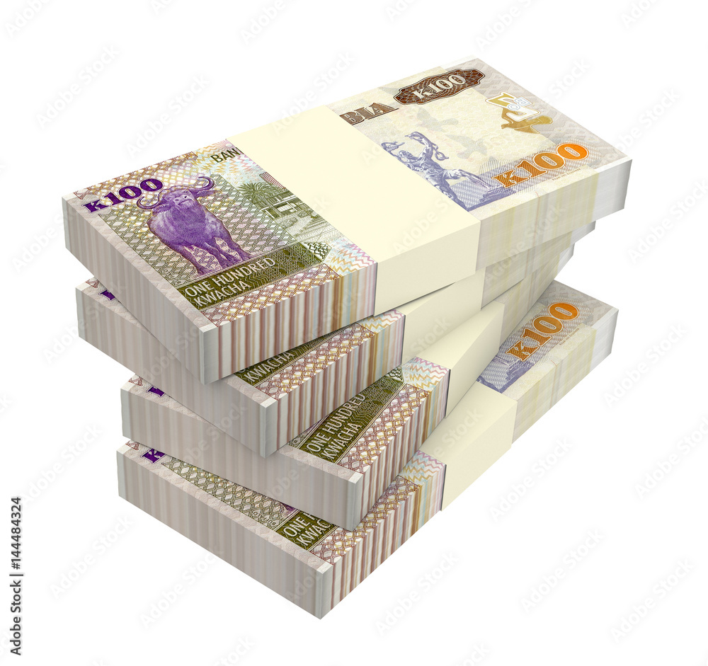 Zambian kwacha bills isolated on white background. 3D illustration. Zambian kwacha bills isolated on white background. 3D illustration.