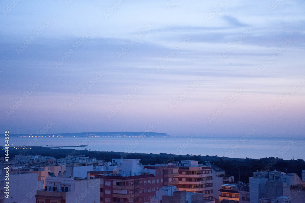Dawn over the city of Guardamar del Segura, Spain. South of Spain, the Mediterranean Sea