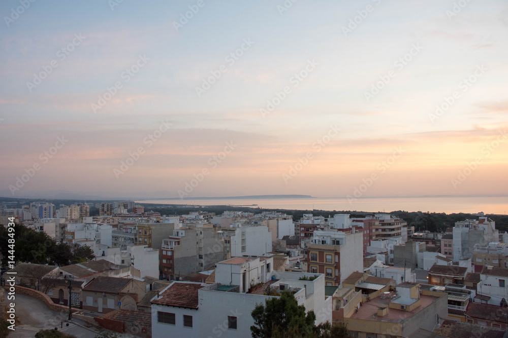 Dawn over the city of Guardamar del Segura, Spain. South of Spain, the Mediterranean Sea