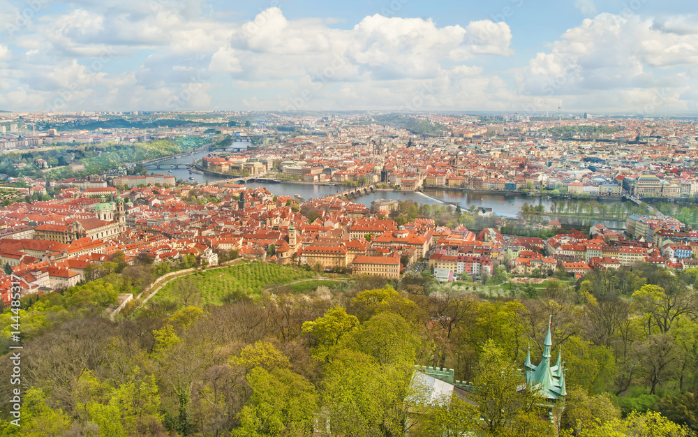 Fototapeta premium view of old european city in spring from hill top