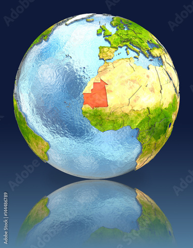 Mauritania on globe with reflection