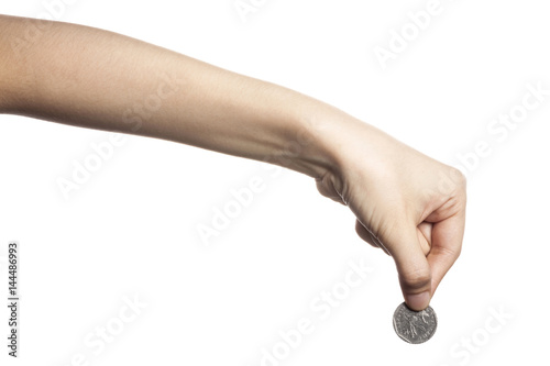 gesture with hand finger, hand hold a coin.
