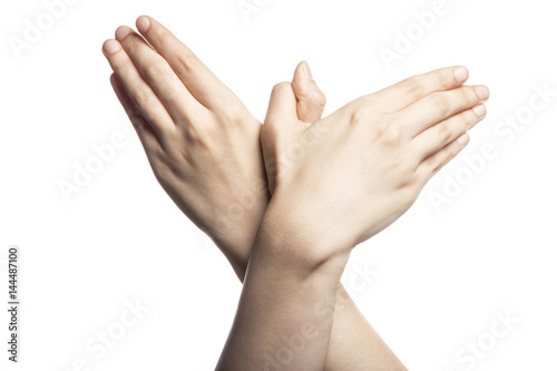 Bild auf Leinwand gesture with hand finger, finger make a bird.