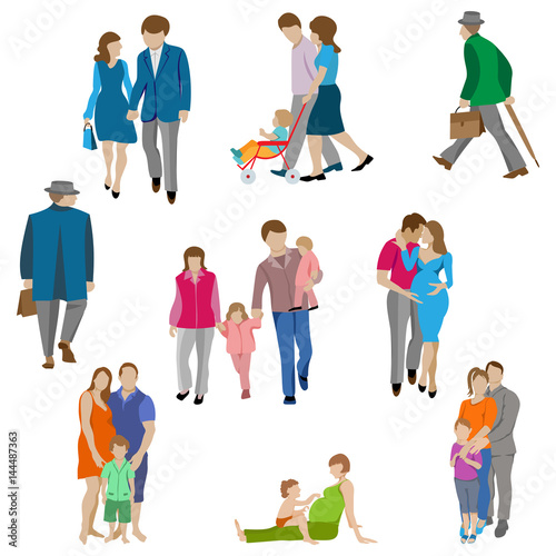 Collection of couple and kids silhouette. Set of characters, family members, pregnancy, children, care, upbringing. Mother, father, daughter, son. Isolated, flat style on white background