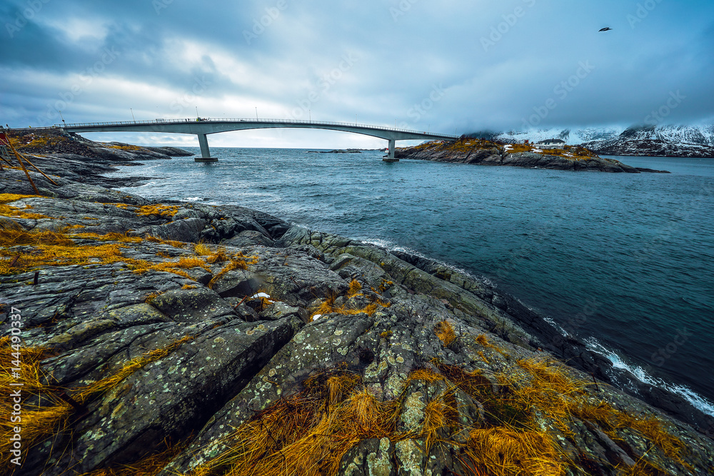 Fototapeta premium Long road bridge. Beautiful Norway landscape. Lofoten islands.