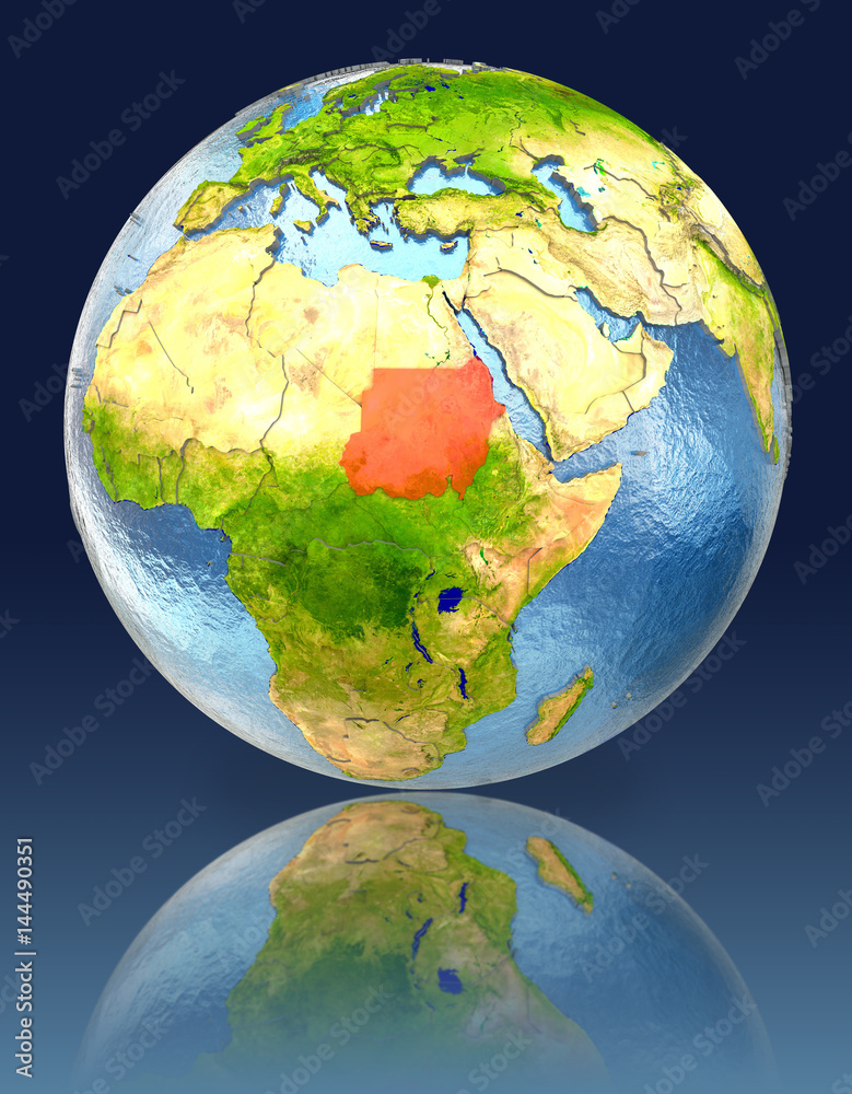 Obraz premium Sudan on globe with reflection