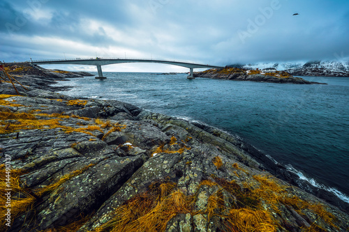 Long road bridge. Beautiful Norway landscape. Lofoten islands.