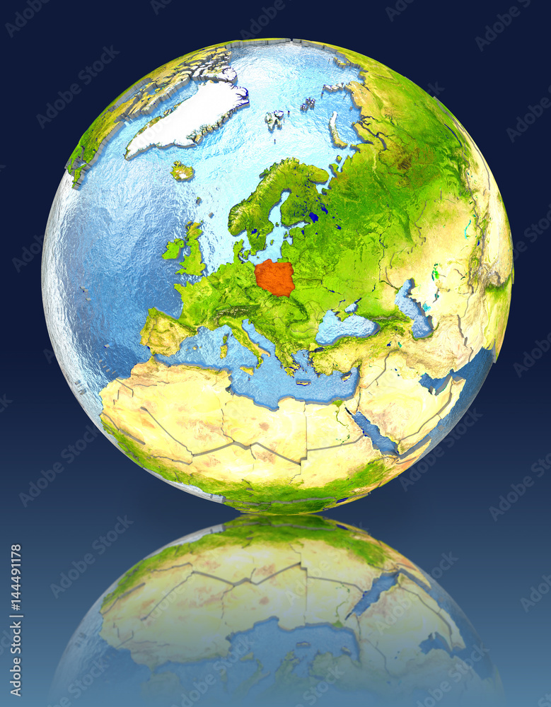 Naklejka premium Poland on globe with reflection
