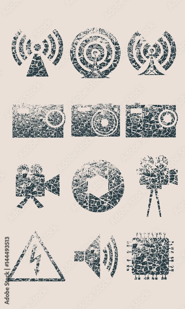 Technology icon set for web and user interface. Cracked silhouettes Technology icon set for web and user interface. Cracked silhouettes