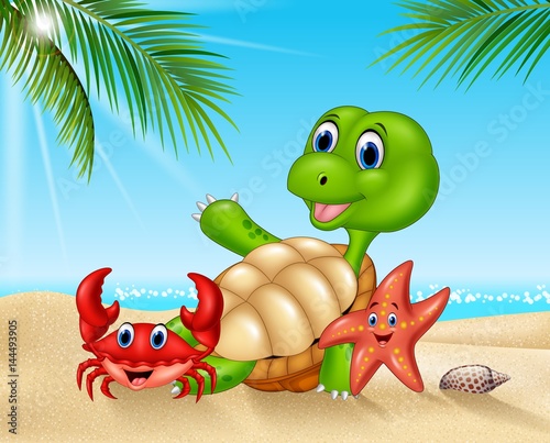 Cartoon sea animals relaxing on the beach