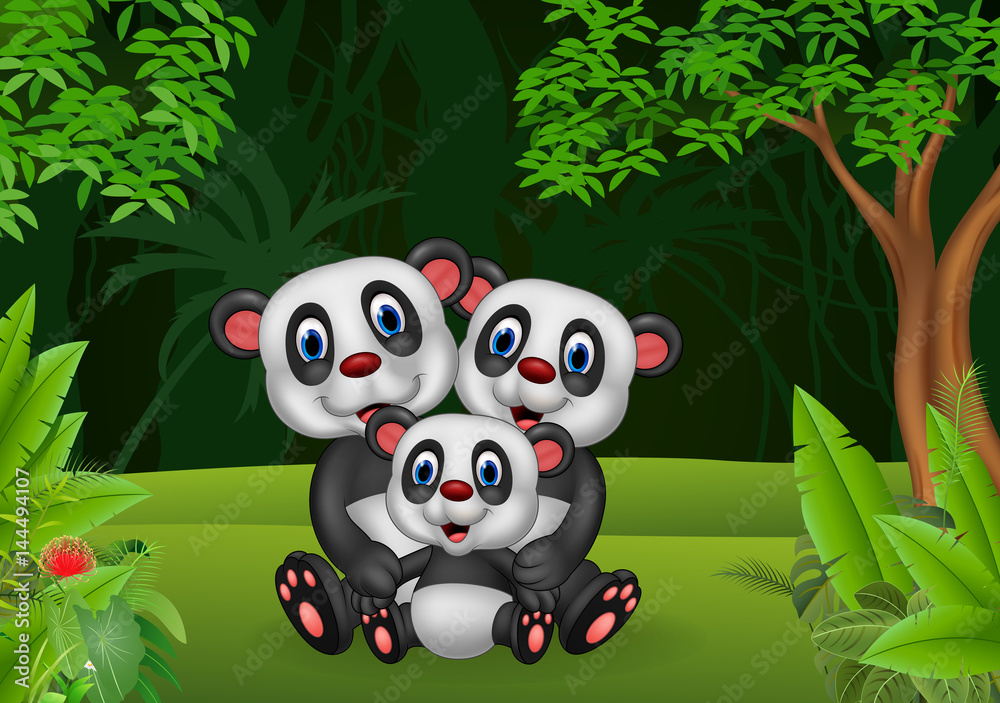 Naklejka premium Cartoon panda family in the jungle