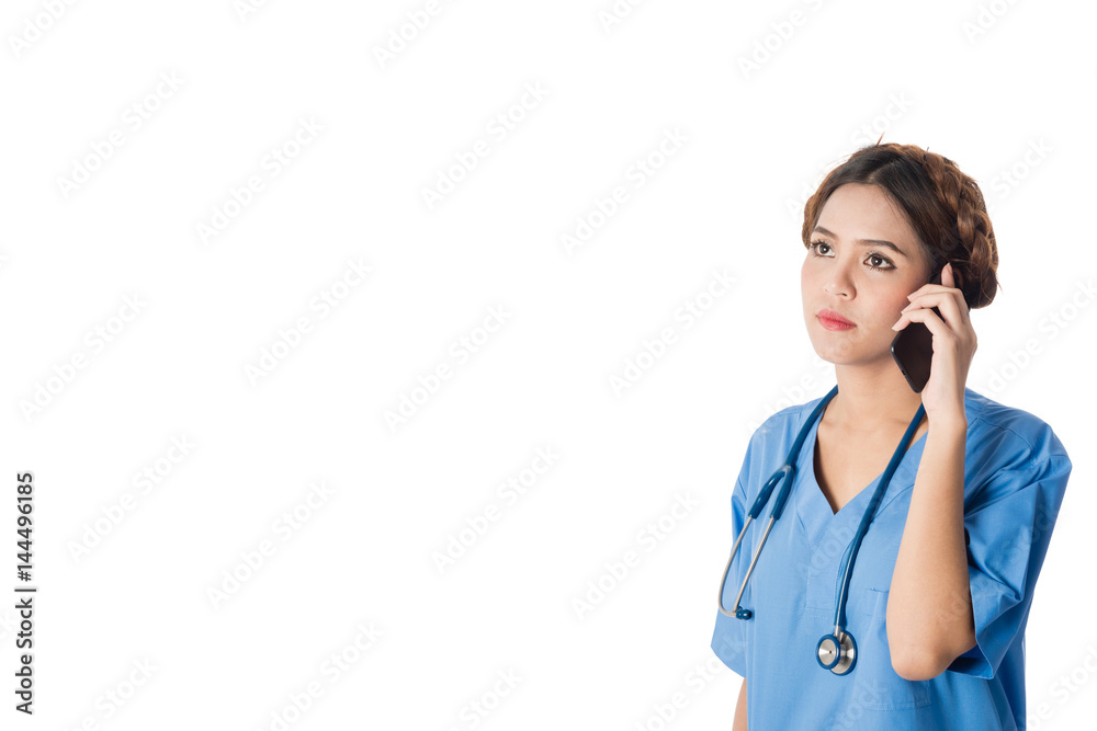 Asian female medical nurse using smart phone on white background Asian female medical nurse using smart phone on white background