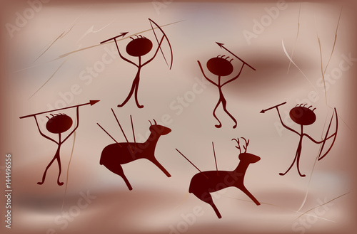 Stylization for prehistoric primitive painting depicting fortunate ancient hunters and defeated animals. EPS10 vector illustration.