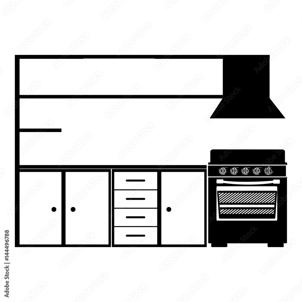 monochrome silhouette of modern kitchen cabinets with stove vector illustration