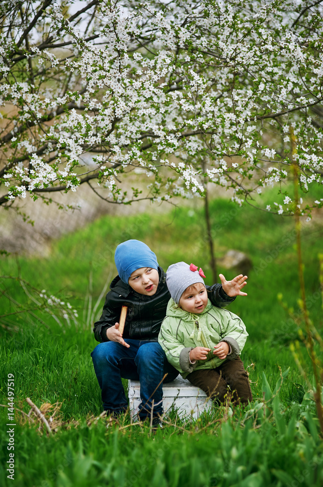 Cheerful brother and sister on a spring walk near flowering trees Cheerful brother and sister on a spring walk near flowering trees