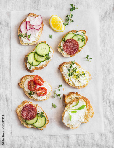 Variety of mini sandwiches with cream cheese, vegetables and salami. Sandwiches with cheese, cucumber, radish, tomatoes, salami, thyme, lemon zest on a light background, top view. Flat lay