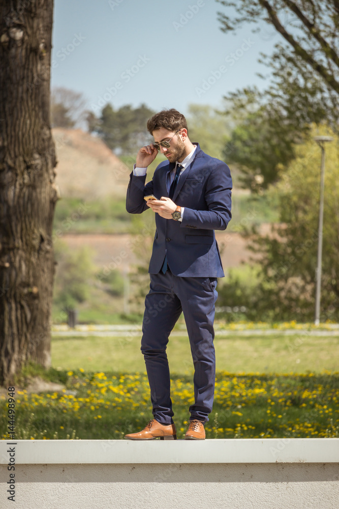 one young man, formal clothes suit tie, using smartphone, standing on wall, outdoors nature one young man, formal clothes suit tie, using smartphone, standing on wall, outdoors nature