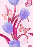 elegant seamless texture with fancy tulips and butterflies for your design. watercolor painting