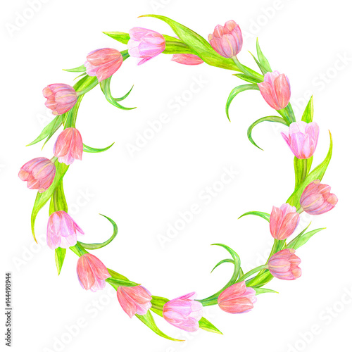 Fototapeta Naklejka Na Ścianę i Meble -  lovely wreath of pink tulips. watercolor painting