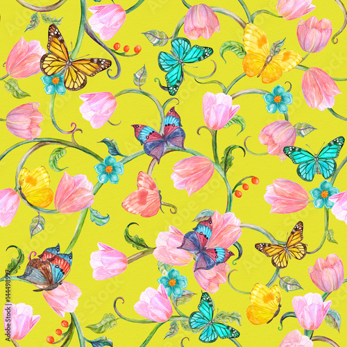 colorful seamless texture with floral fantasy. watercolor painting