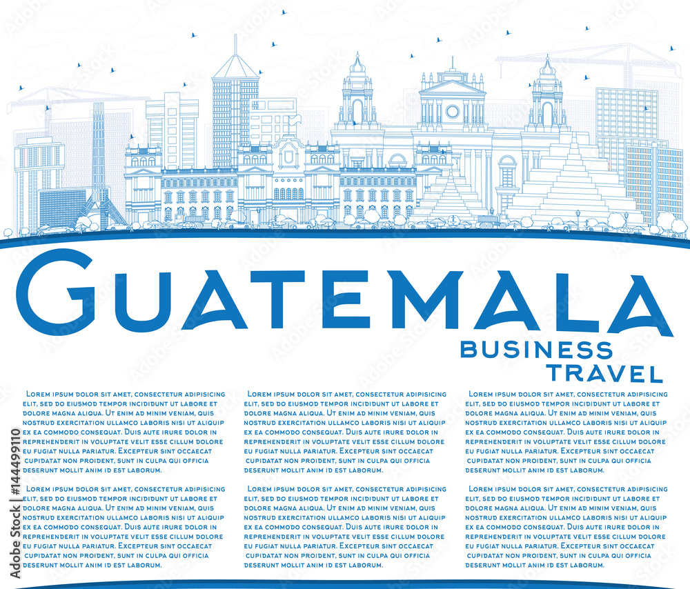 Outline Guatemala Skyline with Blue Buildings and Copy Space.