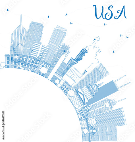 Outline USA Skyline with Blue Skyscrapers  Landmarks and Copy Space.