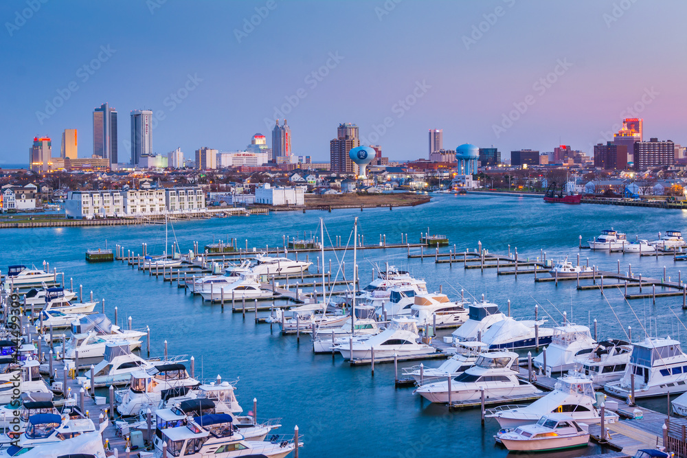 View of the Farley State Marina and skyline at night, in Atlantic City, New Jersey.